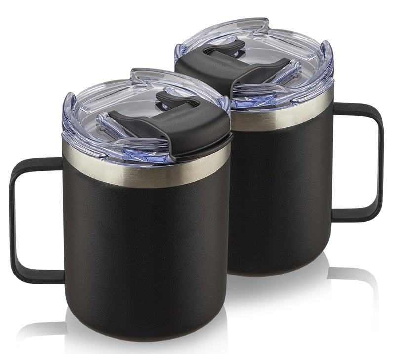 ALOUFEA 12oz Stainless Steel Insulated Coffee Mug with Handle, Double Wall Vacuum Tumbler Cup with Fliping Lid, Black, 2 Pack - Image 1